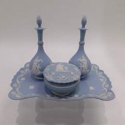 Vintage Ardalt Japan Jasperware Blue Vase, Tray & Dish Set