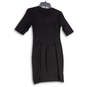 Womens Black Pleated Round Neck Short Sleeve Back Zip Sheath Dress Size 4 image number 2