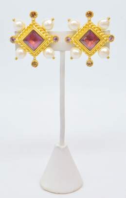 Vintage Christian Lacroix Gold Tone Faux Pearl Purple Crystal Clip Earrings 34.0g alternative image