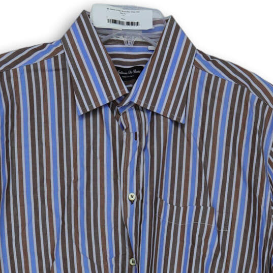Mens Brown Blue Striped Long Sleeve Spread Collar Formal Dress Shirt Sz XL image number 3
