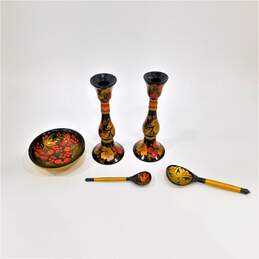 Russian Khokhloma Painted Candlesticks, Bowl, and Spoons (Set of 5)