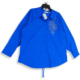 NWT Womens Blue Studded Long Sleeve Point Collar Button-Up Shirt Size 1X