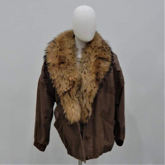 VTG 1980s J. Percy for Marvin Richards Women's Brown Leather Fox Fur Trim Collar Jacket Size S image number 1