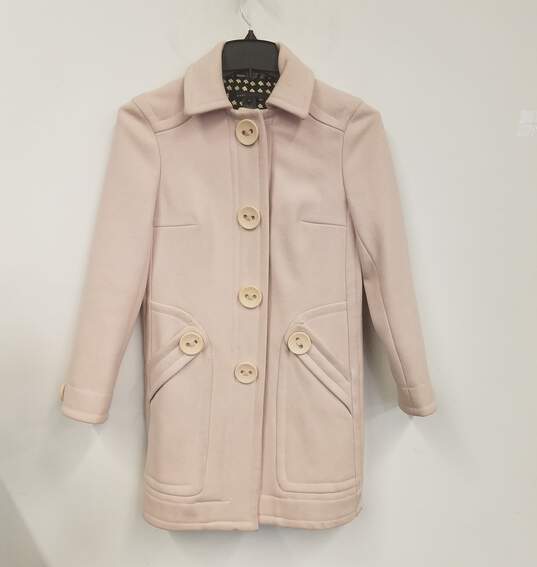 Womens Pink Pockets Long Sleeve Pointed Collar Short Trench Coat Size Small image number 1