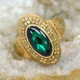 Vintage 10K Gold Green Spinel Oval Cabochon Flowers Class Ring 10.6g