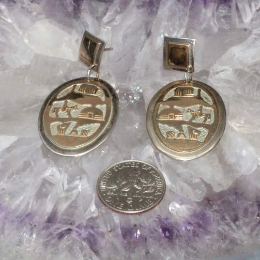 Artisan Signed Offina Pino Sterling Silver Gold Fill Accent Story Teller Earrings - 8.7g image number 6