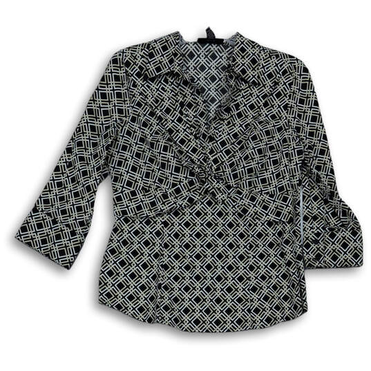 Womens Black Geometric Long Sleeve Collared Front Knot Blouse Top Size 8 image number 1