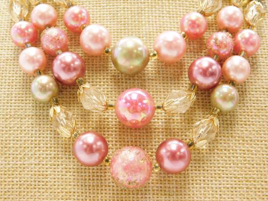 Vintage Pink & Icy Aurora Borealis Beaded Gold Tone Accent Multi Strand Necklaces 114.4g image number 4