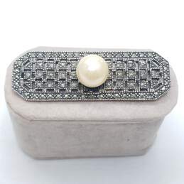 Sterling Silver Faux Pearl Marcasite 2 1/4" Bar Brooch 18.0g