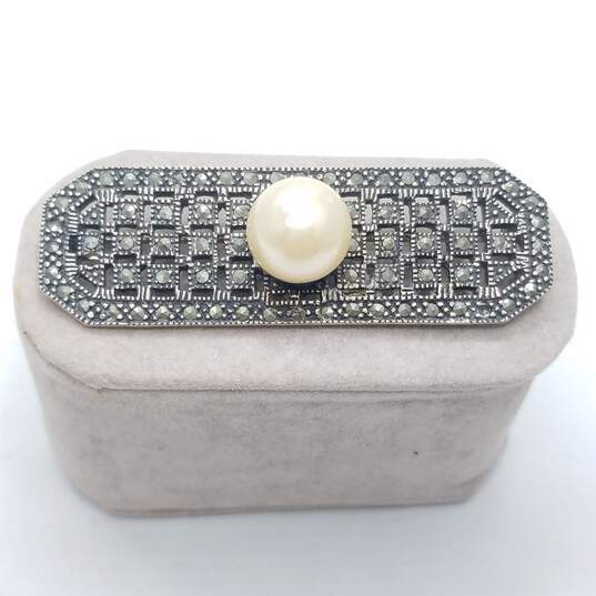 Sterling Silver Faux Pearl Marcasite 2 1/4" Bar Brooch 18.0g image number 1