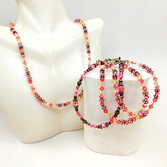 Romantic 925 Pink & Yellow Crystals & Granulated Ball Beaded Garnet Toggle Necklace & Matching Double Strand Bracelet & Anklet 50.7g image number 1