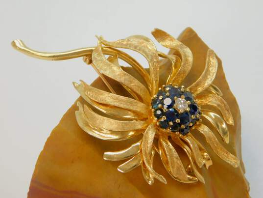 Vintage 14K Yellow Gold 0.25 CT Diamond & Sapphire Flower Brooch 24.0g image number 1