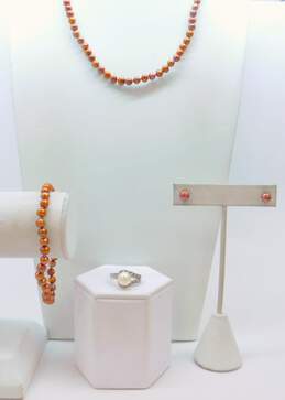 Romantic 925 Colored Pearl Necklace Bracelet & Earrings w/ 925 Pearl & CZ Ring 27.0g