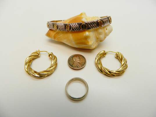 Milor & Artisan 925 & Vermeil Chunky Twisted Hoop Earrings Puffed Screws & Panels Bracelet & Band Ring 27.3g image number 5
