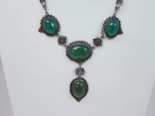 Vintage 925 Art Deco Green Chrysoprase Art Deco Scrolled Lariat Necklace REPAIR image number 2