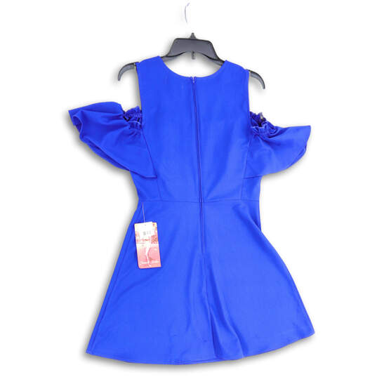 NWT Womens Blue Ruffle Cold Shoulder Back Zip Short Mini Dress Size Large image number 2