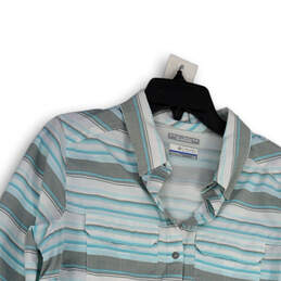 Womens Blue Striped Omni-Shade Sun Protection Pockets Button-Up Shirt Sz L