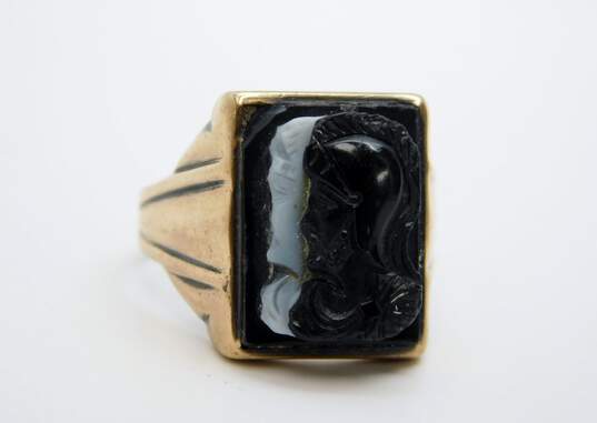 Men's Vintage 10K Yellow Gold Onyx Cameo Ring 5.1g image number 1
