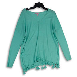 NWT Womens Turquoise Knitted Fringe Hem V-Neck Pullover Sweater Size M