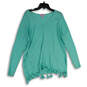 NWT Womens Turquoise Knitted Fringe Hem V-Neck Pullover Sweater Size M image number 1