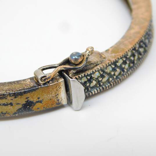 Artisan 925 Marcasite Bangle Bracelet & Faux Pearl Ring w/ Earrings 27.7g image number 9