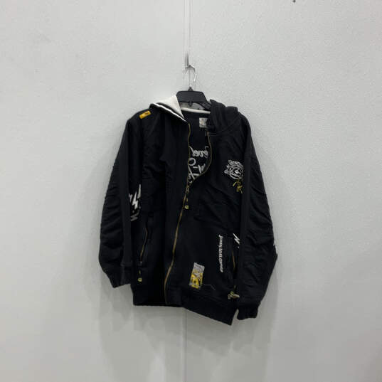 Mens Black Long Sleeve Pockets Hooded Full-Zip Windbreaker Jacket Size 2XL image number 1