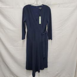 NWT Sam Edelman Belted Asymmetrical Hem Navy Blue Knit Maxi Dress Size 8