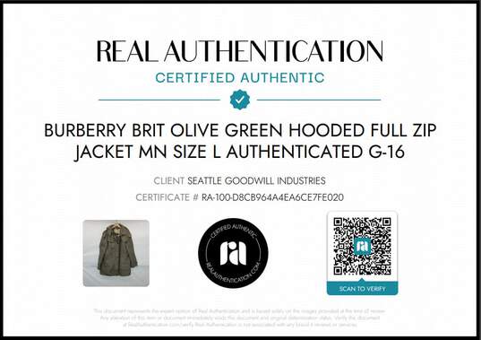 Burberry Brit Olive Green Hooded Full Zip Jacket Mn Size L AUTHENTICATED image number 6