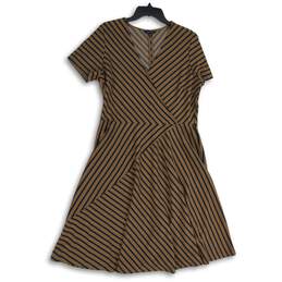 Land's End Womens Brown Blue Striped Surplice Neck Fit & Flare Dress Size 14-16