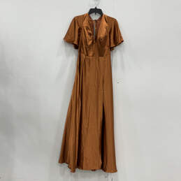 NWT Womens Brown Pleated Flutter Sleeve V-Neck Back Tie Maxi Dress Size 14