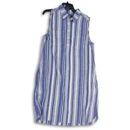 Womens Blue White Striped Sleeveless Spread Collar Knee Length Shirt Dress Sz 14