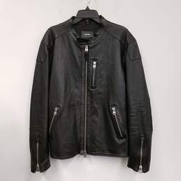 Mens Black Leather Long Sleeve Pockets Full Zip Motorcycle Jacket Size 46