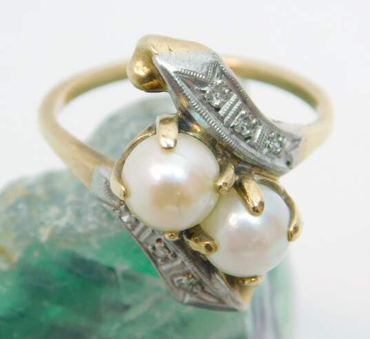 Romantic 10k Yellow Gold Double Stacked Pearl & Diamond Accent Ring 3.8g image number 5