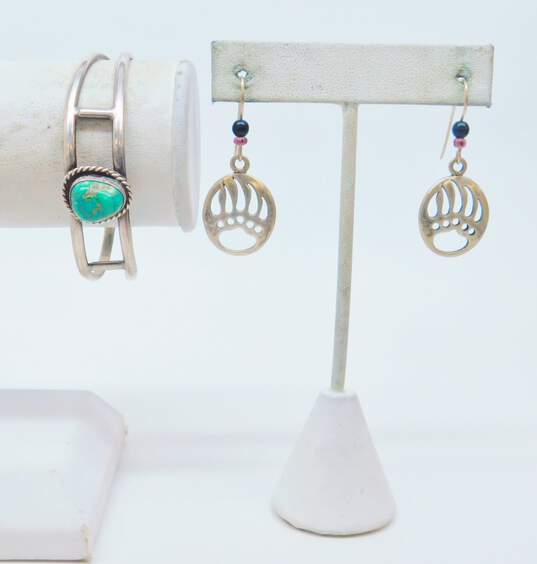 Artisan 925 Southwestern Turquoise Cabochon Split Shank Cuff Bracelet & Bear Claw Cut Out Drop Earrings 16.6g image number 1