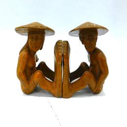 ATQ Hand Carved Polynesian Bookends Man & Woman Semi Nude W/ Big Feet