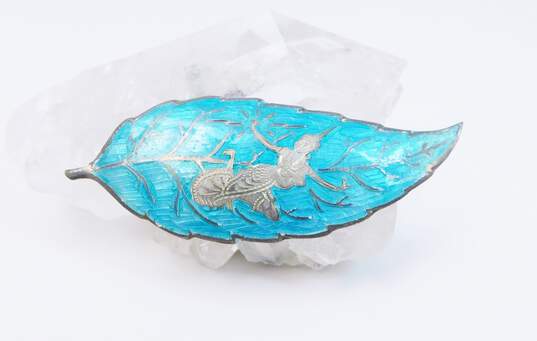 Vintage Siam Sterling Silver Blue Enamel Goddess Leaf Brooch & Clip On Earrings 14.8g image number 4