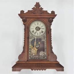 Antique E N Welch Spring & Co. Wood Carved Parlor Mantel Clock w/ Pendulum & Key
