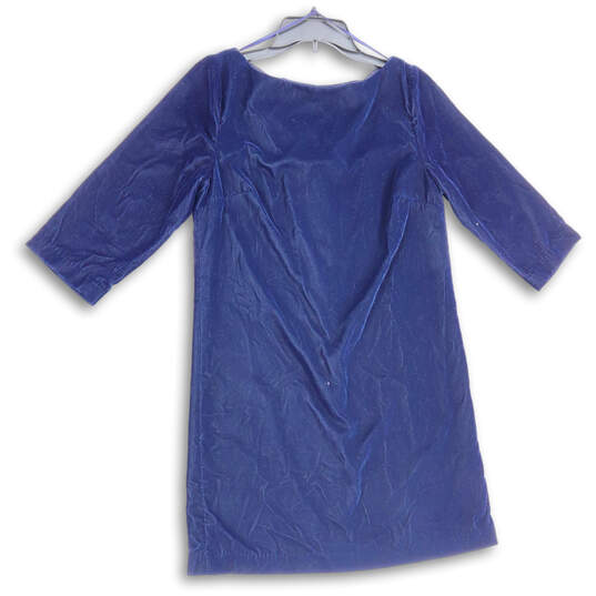 Womens Blue Velvet Round Neck 3/4 Sleeve Back Zip Shift Dress Size 6 image number 1