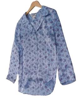Womens Blue Floral Silk Collared Long Sleeve Sleepshirt Size Large alternative image