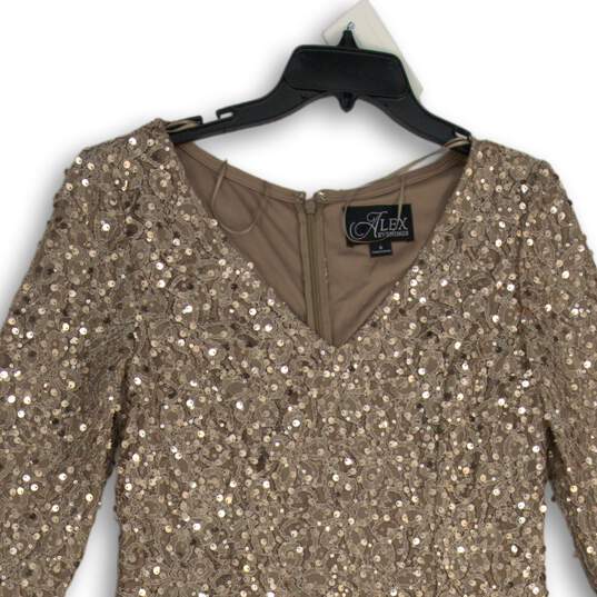 Alex Evenings Womens Brown Sequin Lace 3/4 Sleeve V-Neck Sheath Dress Size 6 image number 3