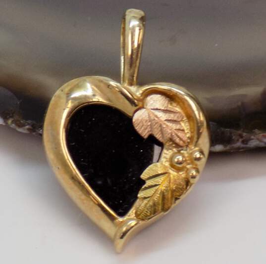 CCO Black Hills 10K Yellow & Rose Gold Etched Grape Leaves Onyx Heart Pendant 2.5g image number 1