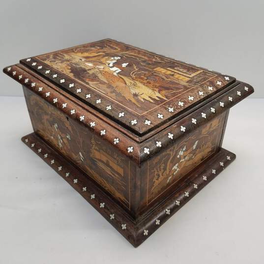 Marquetry inlay  Wood Box Indian Motif  Vintage Decorative Box image number 9
