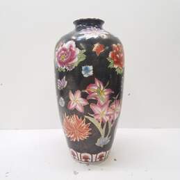 Oriental Porcelain Table Vase  14 in High  Floral Motif /Black