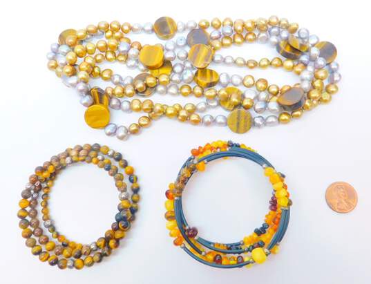 Amber, Tiger's Eye & Pearl Artisan Jewelry 205.5g image number 5