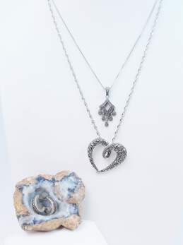 Judith Jack & Romantic 925 Marcasite Open Heart & Dangle Charms Pendant Necklaces & Semi Hoop Post Earrings 16.7g