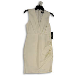 NWT Womens White V-Neck Ruched Sleeveless Back Zip Bodycon Dress Size Large