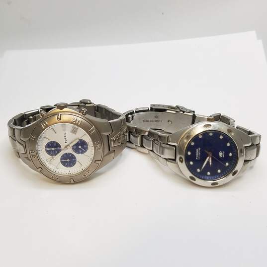 Fossil His Titanium Chronograph and Hers Retro Blue Stainless Steel Quartz Watch Collection image number 7