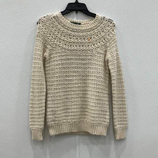 Womens Beige Knitted Crew Neck Long Sleeve Pullover Sweater Size Medium image number 1