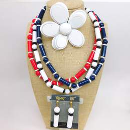 Vintage Trifari Red White & Blue Beaded Necklaces White Beaded Earrings & White Mod Flower 108.3g
