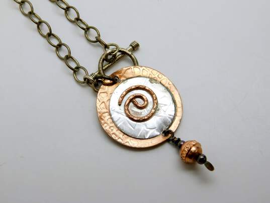 Artisan 925 Copper & Brass Textured Spiral Ball Bead Pendant Necklace Matching & Geometric Drop Earrings & Calla Lily Flowers Brooch 33.4g image number 2